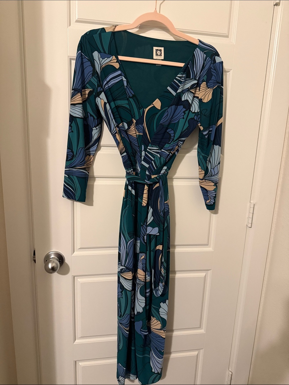 Anne Klein Teal Floral Self-Tie Midi Dress
